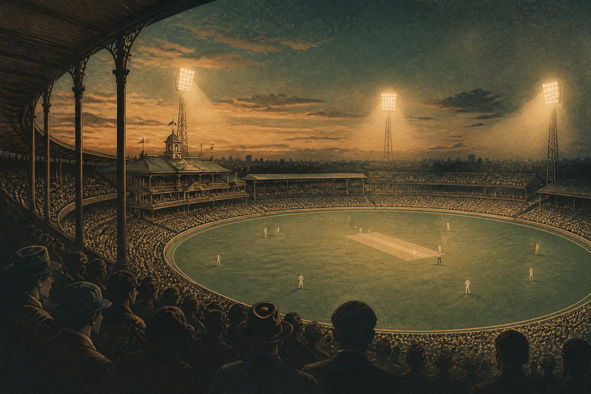 Historic cricket ground at dusk under floodlights, illustrated